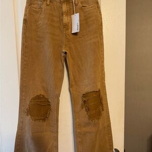 Tan Flare Wide Leg Jeans with Distressed Details